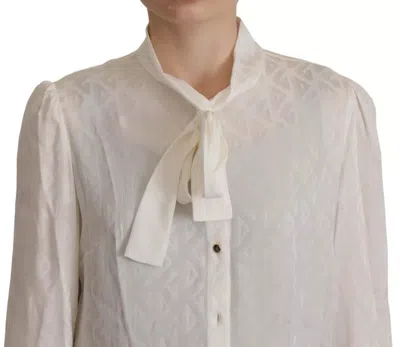 Pre-owned Dolce & Gabbana White Patterned Silk Ascot Collar Blouse Women's Top ()