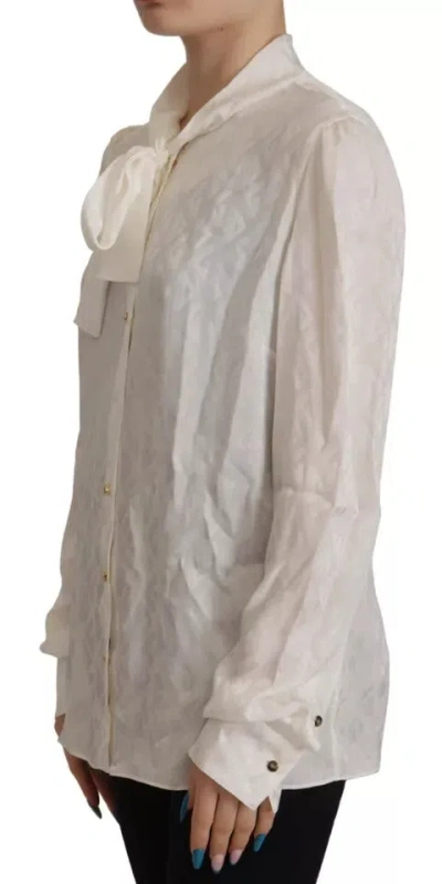 Pre-owned Dolce & Gabbana White Patterned Silk Ascot Collar Blouse Women's Top ()