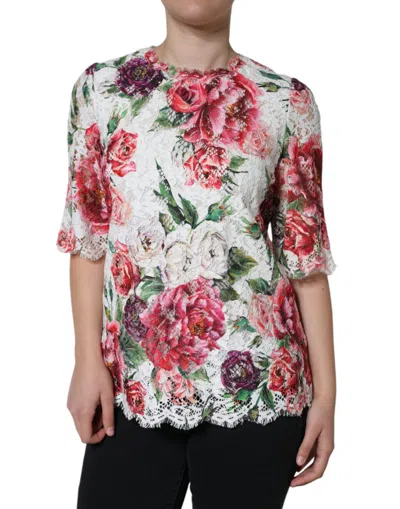 Dolce & Gabbana White Peony Lace Short Sleeves Blouse Top In White
