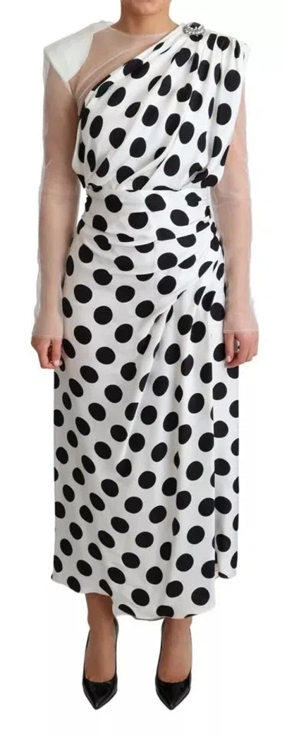 Pre-owned Dolce & Gabbana White Polka Dots Crystal One Shoulder Women's Dress () In Black/white