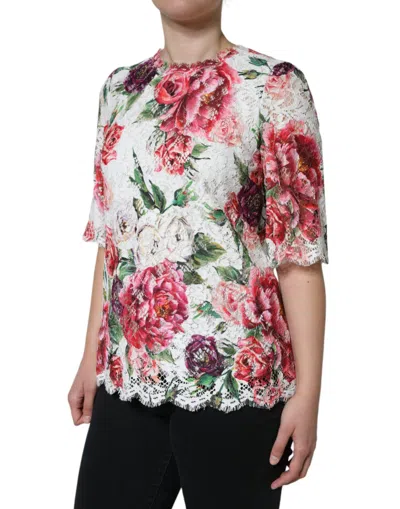 Dolce & Gabbana White Peony Lace Short Sleeves Blouse Top In White