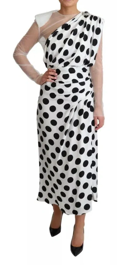 Pre-owned Dolce & Gabbana White Polka Dots Crystal One Shoulder Women's Dress () In Black/white