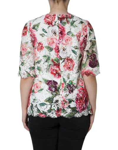 Dolce & Gabbana White Peony Lace Short Sleeves Blouse Top In White