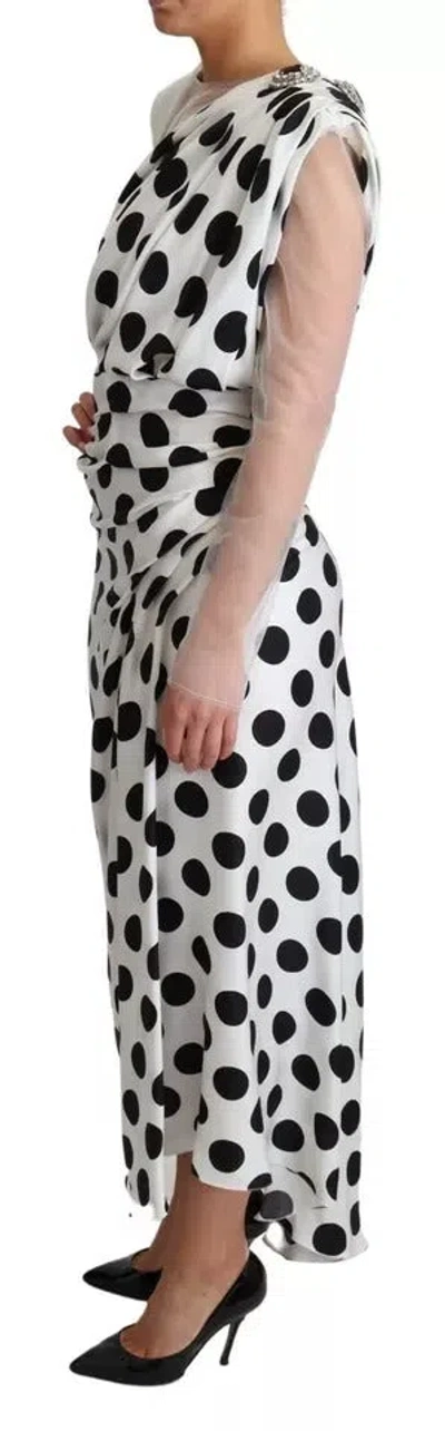 Pre-owned Dolce & Gabbana White Polka Dots Crystal One Shoulder Women's Dress () In Black/white