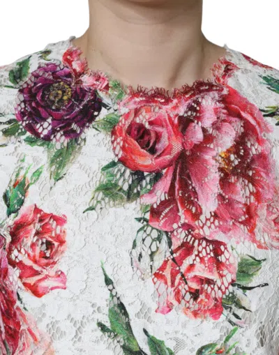 Dolce & Gabbana White Peony Lace Short Sleeves Blouse Top In White