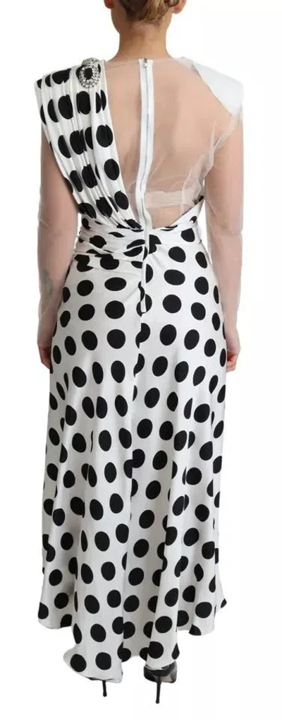 Pre-owned Dolce & Gabbana White Polka Dots Crystal One Shoulder Women's Dress () In Black/white