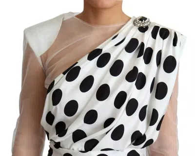 Pre-owned Dolce & Gabbana White Polka Dots Crystal One Shoulder Women's Dress () In Black/white