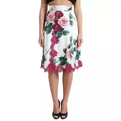 Pre-owned Dolce & Gabbana White Rose Print High Waist Midi A-line Women's Skirt () In Multicolor