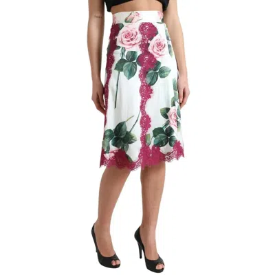 Pre-owned Dolce & Gabbana White Rose Print High Waist Midi A-line Women's Skirt () In Multicolor