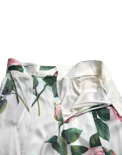 Pre-owned Dolce & Gabbana White Rose Print High Waist Midi A-line Women's Skirt () In Multicolor