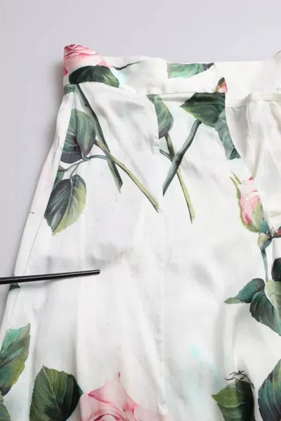 Pre-owned Dolce & Gabbana White Rose Print High Waist Midi A-line Women's Skirt () In Multicolor