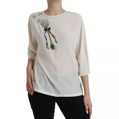 Pre-owned Dolce & Gabbana White Silk Crystal 3/4 Sleeves Blouse Women's Top () In Off White