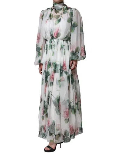 Dolce & Gabbana White Silk Floral Print Long Maxi Dress In White