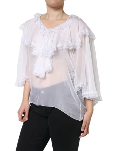 Dolce & Gabbana White Ruffles Lace Long Sleeve Blouse Top In White