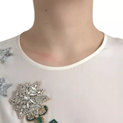 Pre-owned Dolce & Gabbana White Silk Crystal 3/4 Sleeves Blouse Women's Top () In Off White