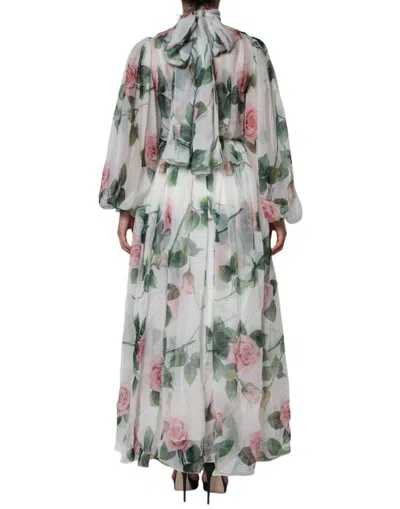Dolce & Gabbana White Silk Floral Print Long Maxi Dress In White