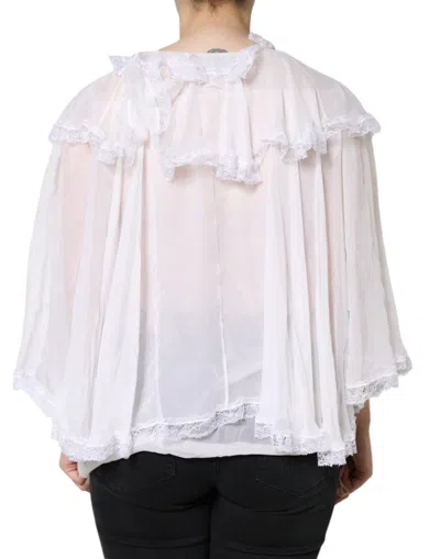 Dolce & Gabbana White Ruffles Lace Long Sleeve Blouse Top In White