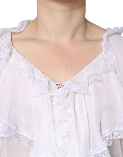Dolce & Gabbana White Ruffles Lace Long Sleeve Blouse Top In White
