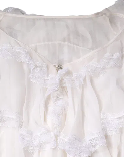 Dolce & Gabbana White Ruffles Lace Long Sleeve Blouse Top In White