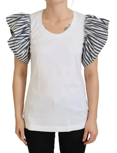 Pre-owned Dolce & Gabbana White Striped Short Sleeves Pullover Women's Top ()