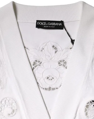 Dolce & Gabbana White Viscose Floral Cut Out Cardigan Sweater In White
