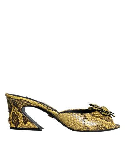 Dolce & Gabbana Yellow Leather Block Heels Slides Shoes In Yellow
