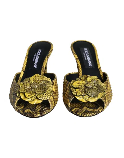 Dolce & Gabbana Yellow Leather Block Heels Slides Shoes In Yellow