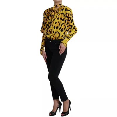 Pre-owned Dolce & Gabbana Yellow Leopard Print Long Sleeves Top Women's Blouse ()