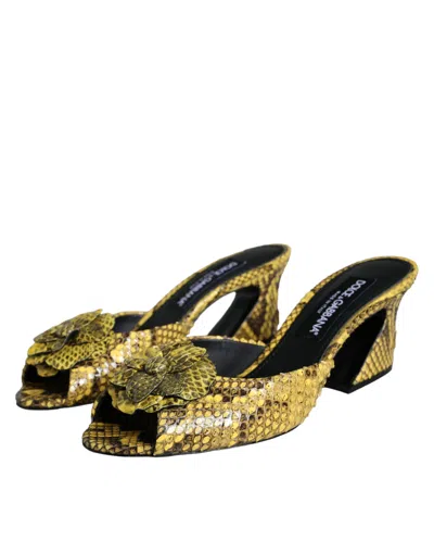 Dolce & Gabbana Yellow Leather Block Heels Slides Shoes In Yellow