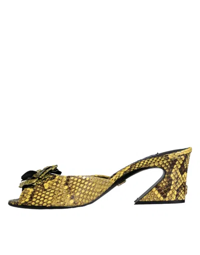 Dolce & Gabbana Yellow Leather Block Heels Slides Shoes In Yellow