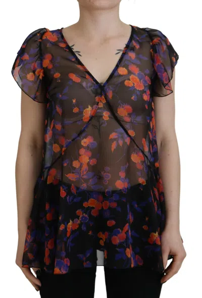 Pre-owned Dsquared2 Dsquared² Black Floral Print Short Sleeves V-neck Blouse Women's Top ()