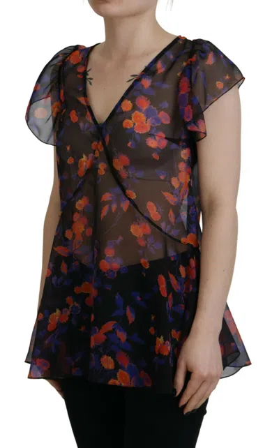 Pre-owned Dsquared2 Dsquared² Black Floral Print Short Sleeves V-neck Blouse Women's Top ()
