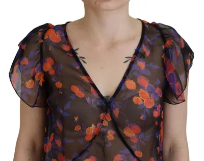 Pre-owned Dsquared2 Dsquared² Black Floral Print Short Sleeves V-neck Blouse Women's Top ()