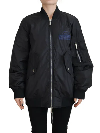 Pre-owned Dsquared2 Dsquared² Black Logo Print Full Zip Women Bomber Women's Jacket ()