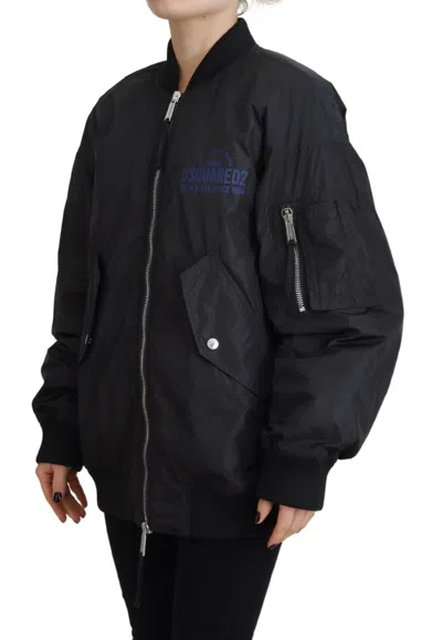 Pre-owned Dsquared2 Dsquared² Black Logo Print Full Zip Women Bomber Women's Jacket ()