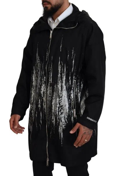 Pre-owned Dsquared2 Dsquared² Black White Print Long Hooded Coat Nylon Men's Jacket ()