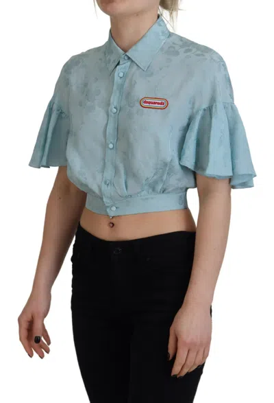 Pre-owned Dsquared² Blue Collared Button Down Short Sleeve Cropped Women's Top () In Light Blue