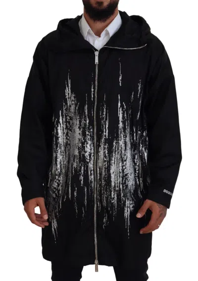 Pre-owned Dsquared2 Dsquared² Black White Print Long Hooded Coat Nylon Men's Jacket ()