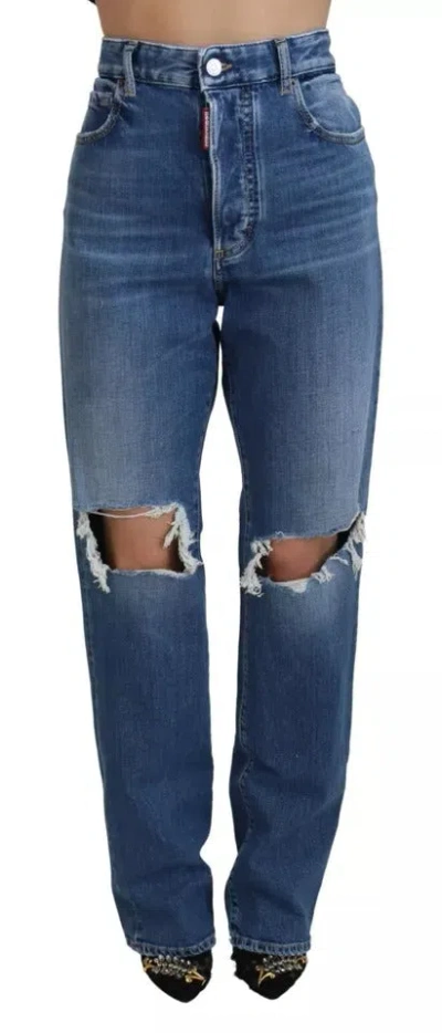 Pre-owned Dsquared2 Dsquared² Blue Distressed High Waist Straight Denim Women's Jeans ()