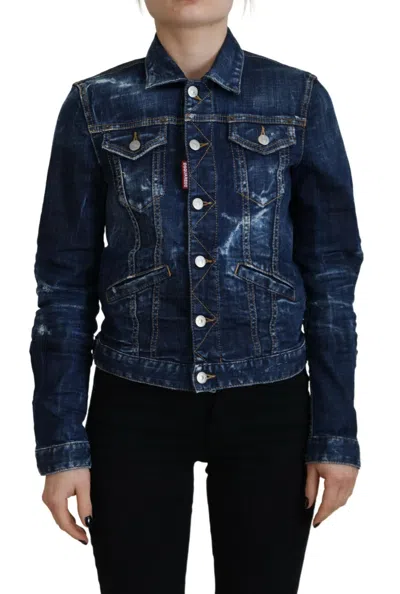 Pre-owned Dsquared2 Dsquared² Blue Icon Printed Distressed Denim Women's Jacket ()