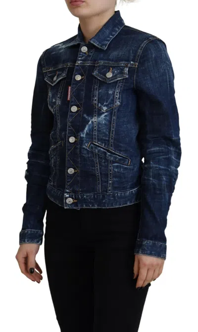 Pre-owned Dsquared2 Dsquared² Blue Icon Printed Distressed Denim Women's Jacket ()