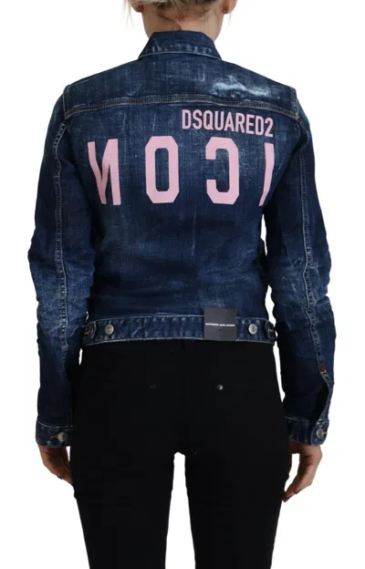 Pre-owned Dsquared2 Dsquared² Blue Icon Printed Distressed Denim Women's Jacket ()
