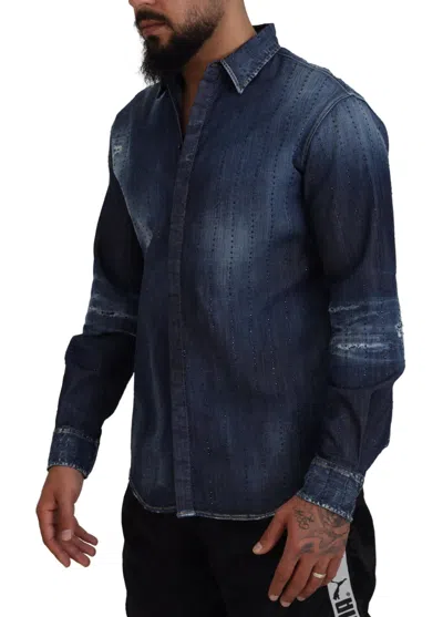 Pre-owned Dsquared2 Dsquared² Blue Tattered Crystal Embellished Denim Men's Shirt ()