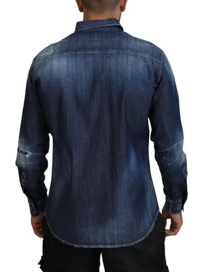 Pre-owned Dsquared2 Dsquared² Blue Tattered Crystal Embellished Denim Men's Shirt ()