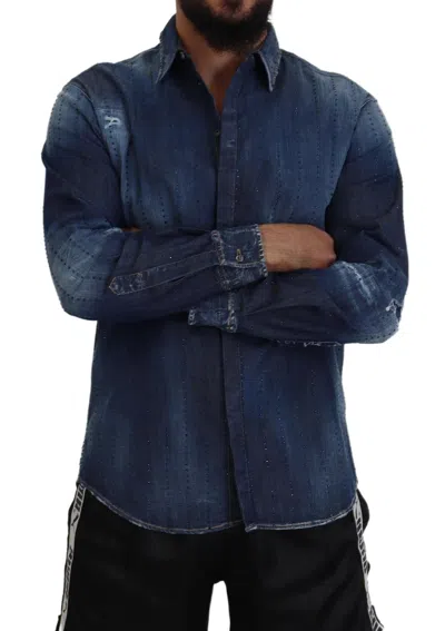 Pre-owned Dsquared2 Dsquared² Blue Tattered Crystal Embellished Denim Men's Shirt ()