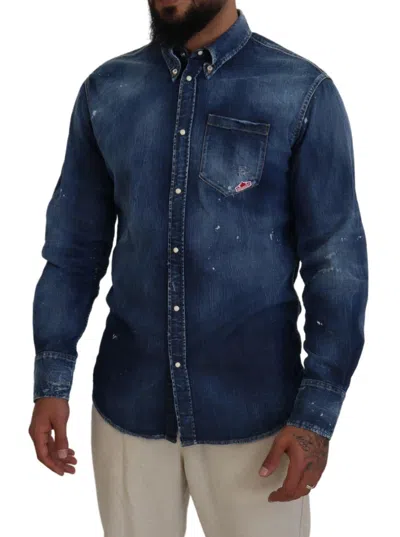 Pre-owned Dsquared2 Dsquared² Blue Washed Collared Men Casual Long Sleeves Men's Shirt ()