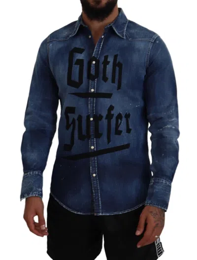 Pre-owned Dsquared2 Dsquared² Blue Washed Goth Surfer Print Men Denim Men's Shirt ()
