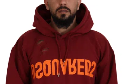 Pre-owned Dsquared2 Dsquared² Maroon Cotton Tattered Hooded Printed Pullover Men's Sweater ()