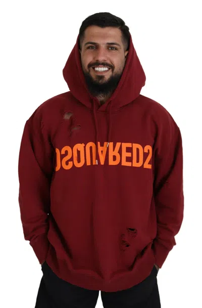 Pre-owned Dsquared2 Dsquared² Maroon Cotton Tattered Hooded Printed Pullover Men's Sweater ()