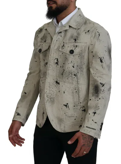 Pre-owned Dsquared2 Dsquared² Off White Black Splash Print Casual Denim Men's Jacket ()